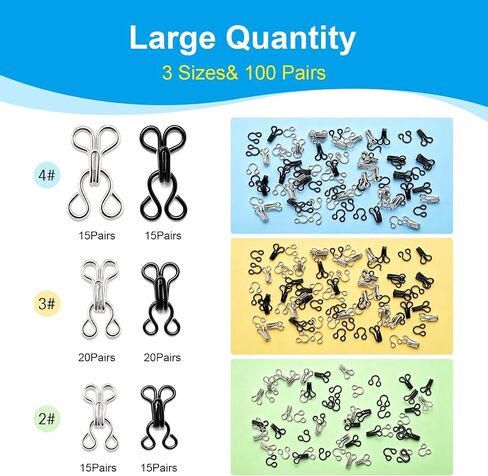 100 Pairs Hook and Eye Fasteners, 3 Sizes Hidden Metal Sewing Closures in Kuwait
