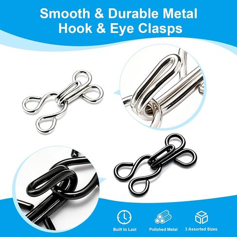 100 Pairs Hook and Eye Fasteners, 3 Sizes Hidden Metal Sewing Closures in Kuwait