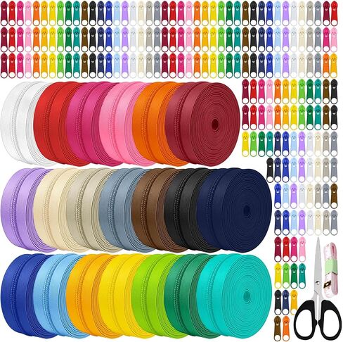 60 Yards 20 Pcs Sewing Colors Zippers Bulk #5 Nylon Coil Assorted Lengths Sewing Zipper with 200Pcs Pull Heads, for DIY Sewing, Bag Pack, Crafts Zipper Tape for Clothes, Purse Making Supplies Kit in Kuwait