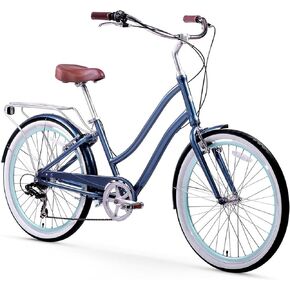 sixthreezero EVRYjourney Women's 7-Speed Step-Through Hybrid Cruiser Bicycle, 26" Wheels and 17.5" Frame, Navy with Brown Seat and Grips (630035) in Kuwait