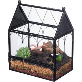 NCYP Glass Enclosure with Vent Holes for Jumping Spiders, Praying Mantis, Small Insect - 7.5" x 4.9" x 9" Front Opening Door Vented Glass Terrarium - House Shape, Home Decor, Black (Terrarium Only) in Kuwait