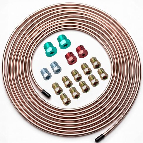 Nstarsmotor 25 ft 3/16 True Copper-Nickel Alloy Brake Line Kit Complete Replacement Brake or Fuel Tubing (Includes 16 Fittings), Easy to hand bend (0.028" Wall Thickness), SAE Thread, Inverted Flare in Kuwait