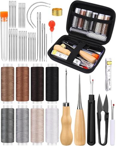 BAGERLA Upholstery Repair Kit, 50 Pcs Heavy Duty Sewing Kit with 8 Colors Thread 32 Pcs Upholstery Needles, Sewing Awls for Hand Stitching Car Sofa Shoe Backpack Craft DIY in Kuwait
