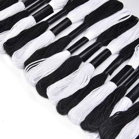 24 Skeins Cross Stitch Threads, Black and White Cotton Embroidery Floss Friendship Bracelets Floss with 12 Pieces Floss Bobbins for Knitting, Cross Stitch Project in Saudi Arabia