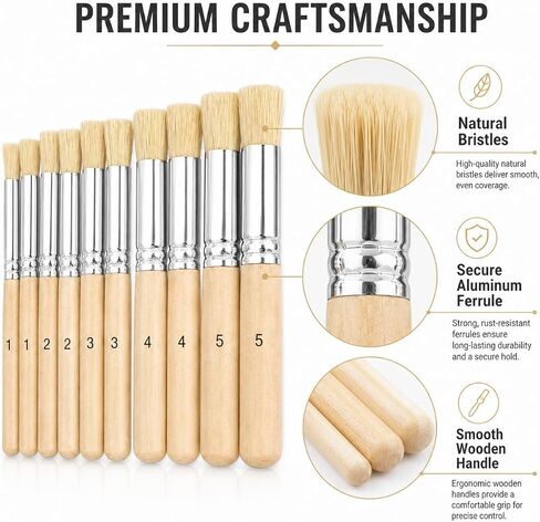 10 Pcs Stencil Brush Set, Natural Bristle, 5 Sizes in Kuwait