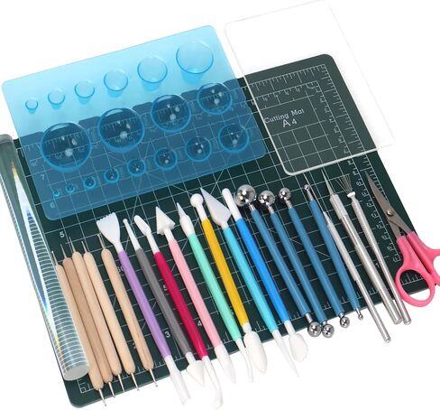 Basic Polymer Clay Tools, Clay Sculpting Tools Acrylic Roller Pin, Clear Rectangle Sheet Press Board, Double-Ended Pottery Carving Set for Beginner (15) in Kuwait
