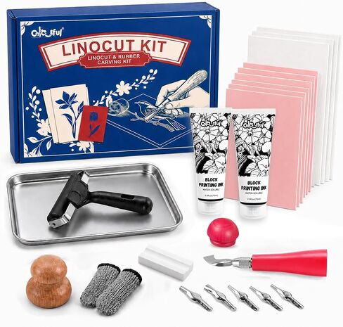 Linocut Printing Kit with Tools, 6 Carving Blocks & 2x75ml Black Print Ink in Saudi Arabia