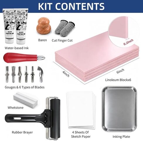 Linocut Printing Kit with Tools, 6 Carving Blocks & 2x75ml Black Print Ink in Saudi Arabia