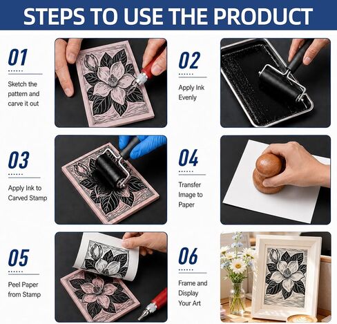 Linocut Printing Kit with Tools, 6 Carving Blocks & 2x75ml Black Print Ink in Saudi Arabia