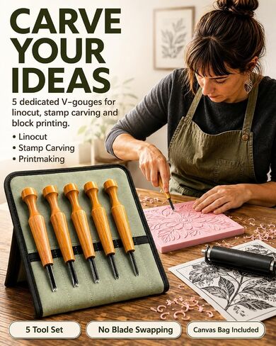 Linocut Carving Tools Set 5 Pcs: Linoleum Cutter V-Shaped Gouge Chisels in Saudi Arabia