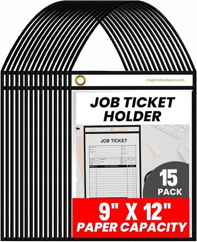 Officewerks Stitched Shop Job Ticket Holders with Strap, Heavy Duty 9" X 12" Clear Both Sides Plastic Sleeves with 1 Hole for Attaching to Machinery, File Cabinets, Racking, Hanging (15 Pack) in Kuwait