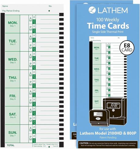 بطاقات الوقت الحرارية من Lathem Weekly، جانب واحد، لساعة الوقت Lathem 2100HD و800P، 9 بوصة، 100 حزمة (E8-100) in Kuwait