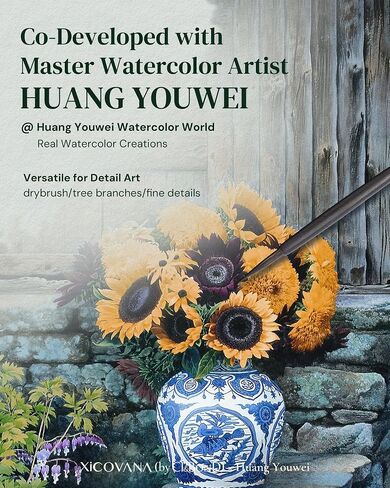 × Huang Youwei Watercolor Rigger Brush, Nylon-Wool Blend Drybrush, for Ultra-Fine Linework, Tree Branch, Water Ripple & Architectural Detailing, Artist Grade for Watercolor Gouache Acrylic in Kuwait
