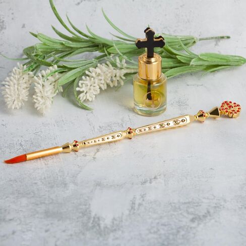 8.07 Inch Orthodox Anointing Oil Brush, Gold Zinc Alloy Red Rhinestone Cross Embossed Holy Incense Brush for Eastern Orthodox Home Altar Church Prayer Ritual Supplies in Saudi Arabia