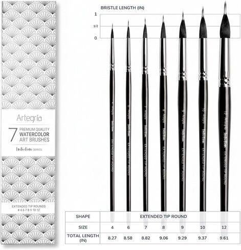ARTEGRIA Watercolor Brush Set, 7 Extended Tip Needle Point Round Brushes in Kuwait