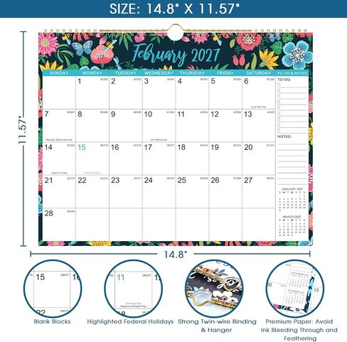 2023-2024 Wall Calendar – Jul 2023 - Dec 2024, 18 Months Hanging Monthly Calendar Planner, 14.8" x 11.57", Twin-Wire Binding, Julian Dates, Large Block, Notes, To-do List, Thick Paper, Perfect for Organizing in Kuwait