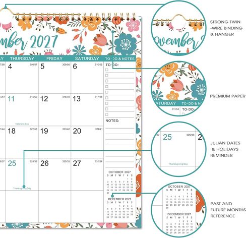 2023-2024 Wall Calendar – Jul 2023 - Dec 2024, 18 Months Hanging Monthly Calendar Planner, 14.8" x 11.57", Twin-Wire Binding, Julian Dates, Large Block, Notes, To-do List, Thick Paper, Perfect for Organizing in Kuwait
