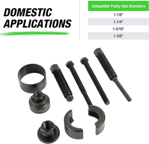 OEMTOOLS 37031 مجموعة سحب بكرة التوجيه الكهربائية ومجموعة التثبيت، يزيل ويثبت بكرات مضخة التوجيه الكهربائية على معظم المركبات المحلية، Ford، GM، VW، أخضر in Kuwait