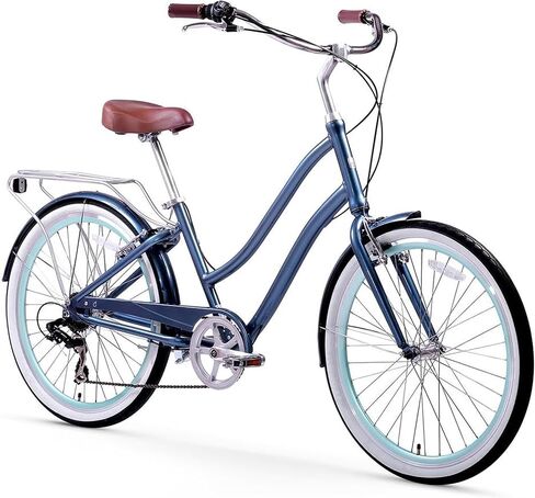 sixthreezero EVRYjourney Women's 7-Speed Step-Through Hybrid Cruiser Bicycle, 26" Wheels and 17.5" Frame, Navy with Brown Seat and Grips (630035) in Kuwait