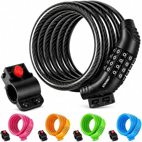 Etronic Bike Lock M6, Cable Lock 6 Feet Long Coiled Security Resettable Combo Combination Lock Bicycle Lock with Mounting Bracket in Kuwait