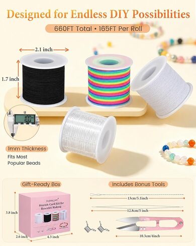 ZUSHALLMY Bracelet String Kit, 4 Rolls 1mm Elastic Cord, 660 FT Total in Saudi Arabia