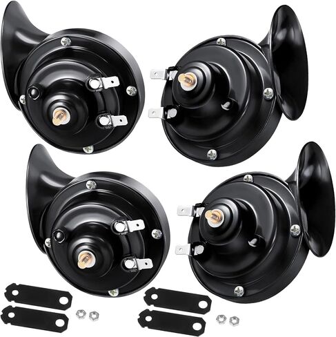 4 Pcs 300DB Loud Train Horn for Truck Electric Snail Horns 12V High and Low Horns Waterproof Auto Horn Loud Air Electric Snail Single Horns with Brackets and Screws for Car Motorcycle (Black) in Kuwait