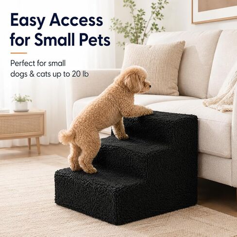 ZENVY 3-Step Pet Stairs for Small Dogs and Cats Up to 20 lb, Fleece-Covered Indoor Pet Steps with Removable Cover, MDF Wood Frame, Black in Saudi Arabia