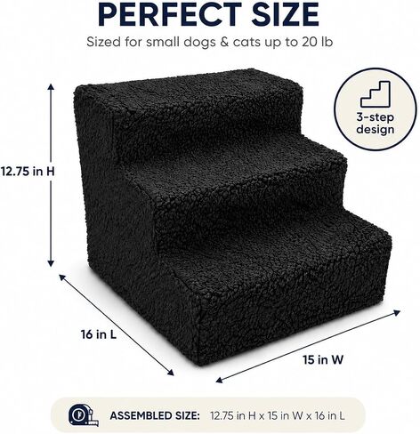 ZENVY 3-Step Pet Stairs for Small Dogs and Cats Up to 20 lb, Fleece-Covered Indoor Pet Steps with Removable Cover, MDF Wood Frame, Black in Saudi Arabia