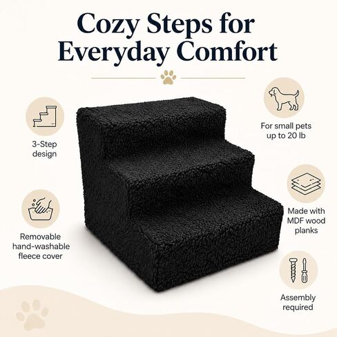 ZENVY 3-Step Pet Stairs for Small Dogs and Cats Up to 20 lb, Fleece-Covered Indoor Pet Steps with Removable Cover, MDF Wood Frame, Black in Saudi Arabia