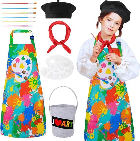 Artist Costume for Kids, Painter Dress Up with Beret, Paint Bucket, Palette, Brush, Scarf, Apron for Boys and Girls in Kuwait