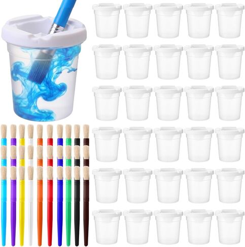 40 Pieces Spill Proof Paint Cups with Paint Brushes for Kids with Lids for Kids Toddler Painting Tools Brushes for Watercolor, Tempera, Washable, Acrylic, Crafts in Kuwait