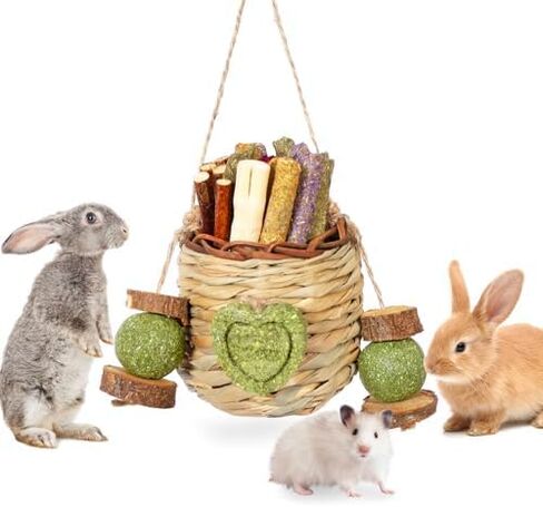 Jorewood Rabbit Chew Toys,Natural Hanging Basket with Sweet Bamboo,Timothy Hay,Peach Sticks for Bunny Chinchillas Guinea Pigs Hamsters Rats Teeth Grinding in Kuwait