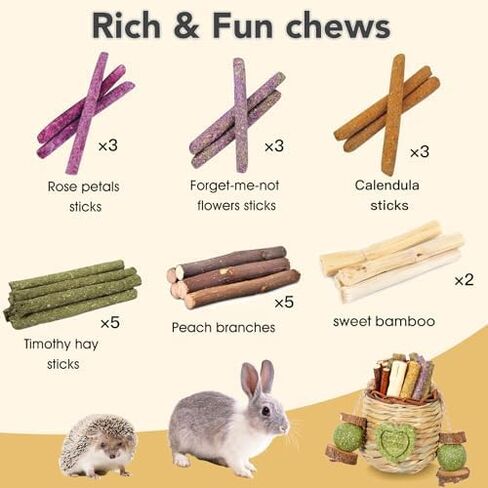 Jorewood Rabbit Chew Toys,Natural Hanging Basket with Sweet Bamboo,Timothy Hay,Peach Sticks for Bunny Chinchillas Guinea Pigs Hamsters Rats Teeth Grinding in Kuwait