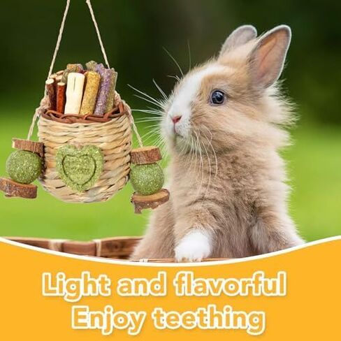 Jorewood Rabbit Chew Toys,Natural Hanging Basket with Sweet Bamboo,Timothy Hay,Peach Sticks for Bunny Chinchillas Guinea Pigs Hamsters Rats Teeth Grinding in Kuwait