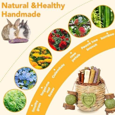 Jorewood Rabbit Chew Toys,Natural Hanging Basket with Sweet Bamboo,Timothy Hay,Peach Sticks for Bunny Chinchillas Guinea Pigs Hamsters Rats Teeth Grinding in Kuwait