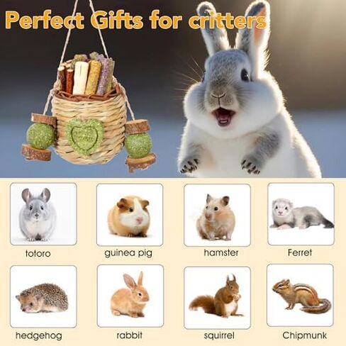 Jorewood Rabbit Chew Toys,Natural Hanging Basket with Sweet Bamboo,Timothy Hay,Peach Sticks for Bunny Chinchillas Guinea Pigs Hamsters Rats Teeth Grinding in Kuwait