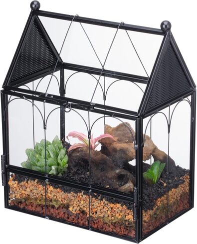 NCYP Glass Enclosure with Vent Holes for Jumping Spiders, Praying Mantis, Small Insect - 7.5" x 4.9" x 9" Front Opening Door Vented Glass Terrarium - House Shape, Home Decor, Black (Terrarium Only) in Kuwait
