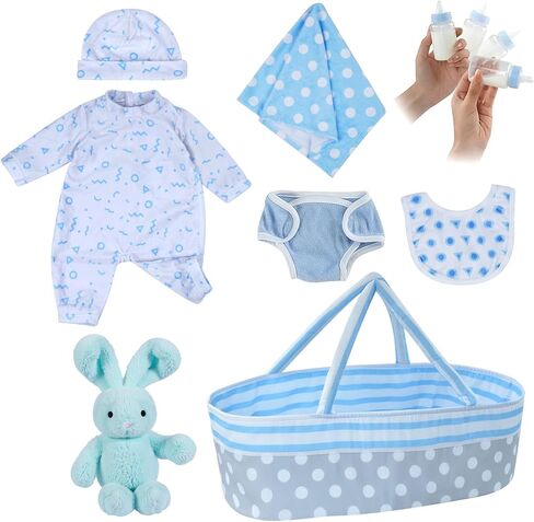 BABESIDE 8 Pcs Reborn Baby Doll Accessories with Bassinet for 17-22 Inch Baby Doll, Baby Doll Clothes Outfit Accessories fit Reborn Doll Newborn Boy in Kuwait