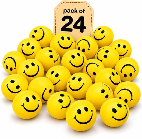 Stress Balls for Kids and Adults - Ideal Bulk Pack of 24 2" Stress Smile Balls - Neon Yellow Funny Face Kids Stress Ball - Squishy Balls to Support in Anxiety, Autism, PTSD in Kuwait