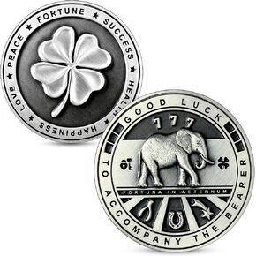 Luck Lab Two Sided Lucky Coin Featuring One Side with a Four Leaf Clover and One Side with Elephant and Lucky Symbols - 1.5 inches in Saudi Arabia