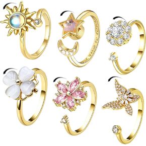 6Pcs Fidget Anxiety Rings for Women, Silver Adjustable Open Spinner Rings for Anxiety, Stress Relief Rotating Rings with Butterfly Sun Star Flower Four-Leaf Clover Designs, Fidget Jewelry for Women in Kuwait