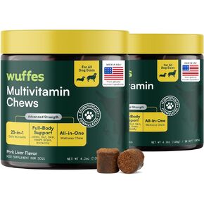 Wuffes Dog Vitamins, 23-in-1 Daily Multivitamin Soft Chews. All 8 B Vitamins, Omega-3, Zinc, Iron & Biotin. Supports Energy, Skin & Coat, Heart & Immune Health. 30 Pork Chews in Kuwait