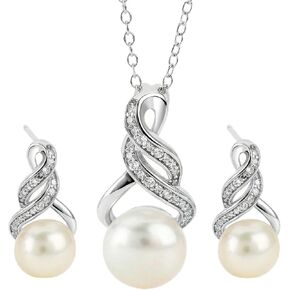 MAX + STONE Sterling Silver Pearl Jewelry Set with Diamonds | Freshwater Pearl Earrings & Necklace for Women | Real Pearl Necklace and Earring set | Silver Pearl Earrings and Necklace Set for Women in Saudi Arabia