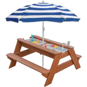 Kids 3-in-1 Sand & Water Activity Table, Wood Outdoor Convertible Picnic Table, 2 Play Boxes, Removable Top with Faucet, Picnic for Outdoor (Natural/Brown) in Kuwait