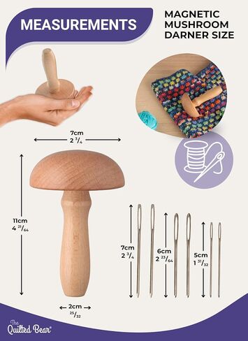The Quilted Bear Wooden Darning Mushroom & 6 Darner Needles, Repair Clothes in Kuwait