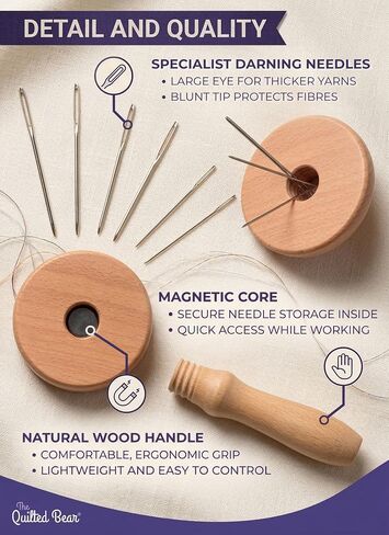 The Quilted Bear Wooden Darning Mushroom & 6 Darner Needles, Repair Clothes in Kuwait