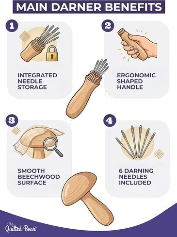 The Quilted Bear Wooden Darning Mushroom & 6 Darner Needles, Repair Clothes in Kuwait