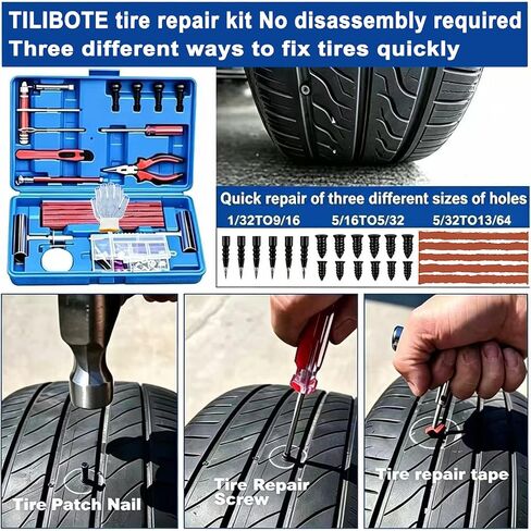 طقم إصلاح الإطارات من TILIBOTE، 117 قطعة من مجموعة سدادات الإطارات شديدة التحمل للسيارة والشاحنات وRV وATV والجرار والمقطورة وأدوات إصلاح الإطارات العالمية للدراجات النارية لإصلاح الثقوب وتوصيل الشقق in Kuwait
