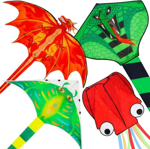 4 Pack Large Kites Fire Dragon Green Snake Devil Fish Red Mollusc Octopus in Kuwait