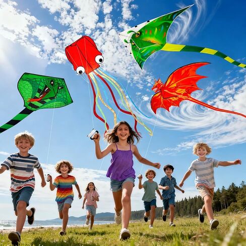 4 Pack Large Kites Fire Dragon Green Snake Devil Fish Red Mollusc Octopus in Kuwait